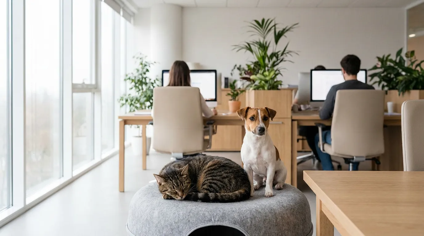 Friendly office with pets near our support team