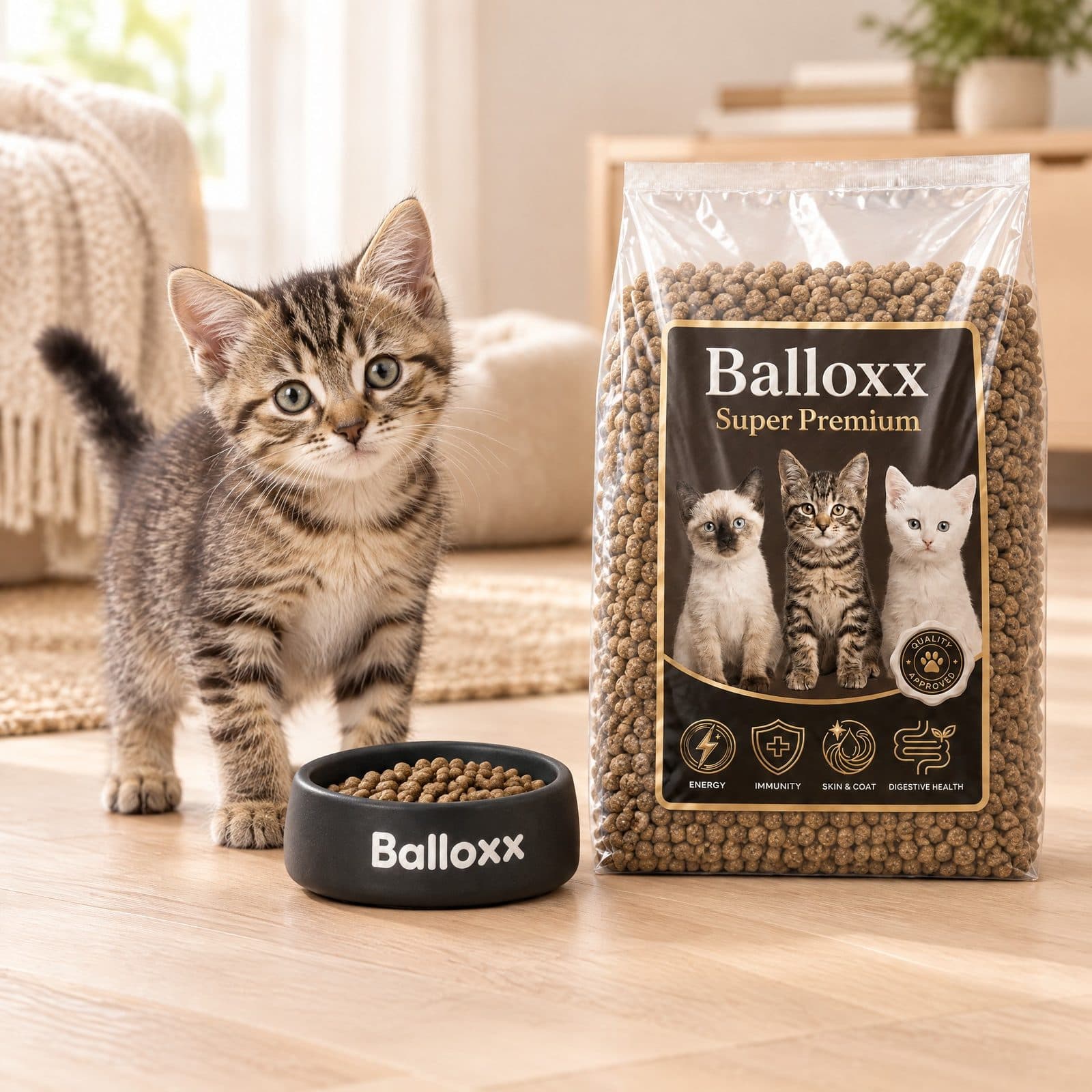 Kitten naast een voerbak en een zak Balloxx droogvoer