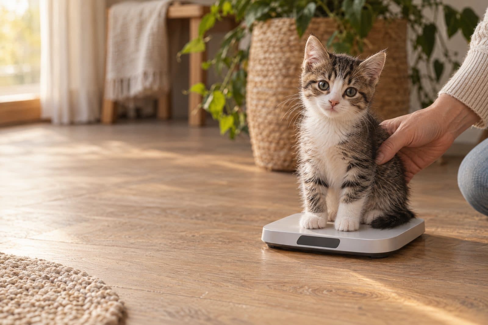 Kitten zit op een digitale weegschaal