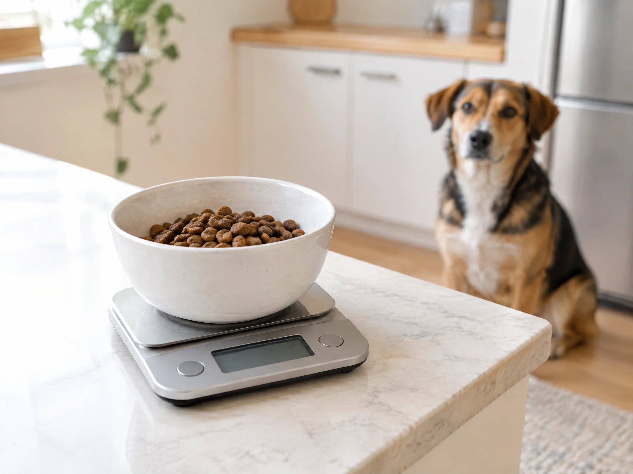 Witte voerbak met brokken op een digitale keukenweegschaal, met een hond op de achtergrond in de keuken