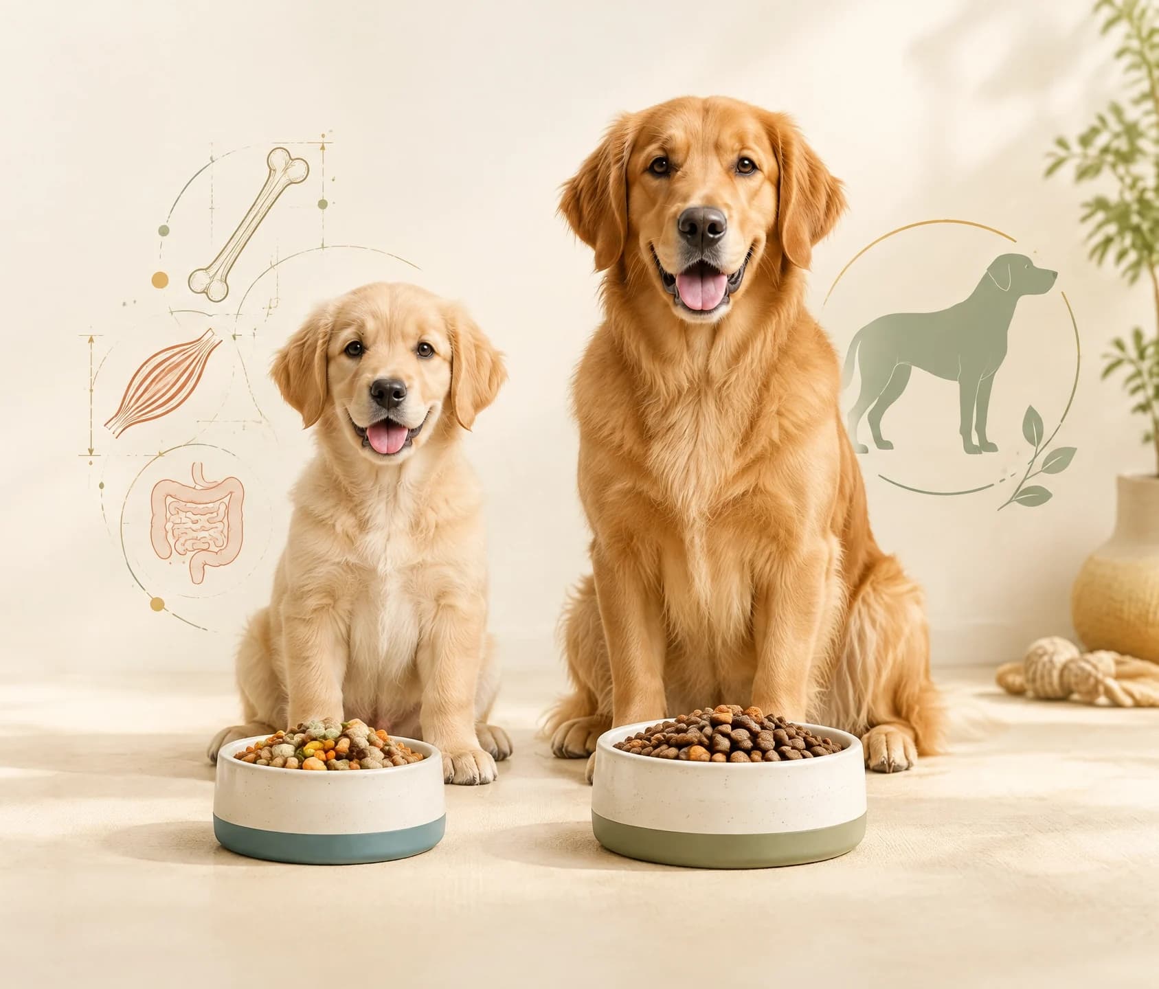Golden retriever pup en volwassen golden retriever naast elkaar, elk met een eigen voerbak met brokken