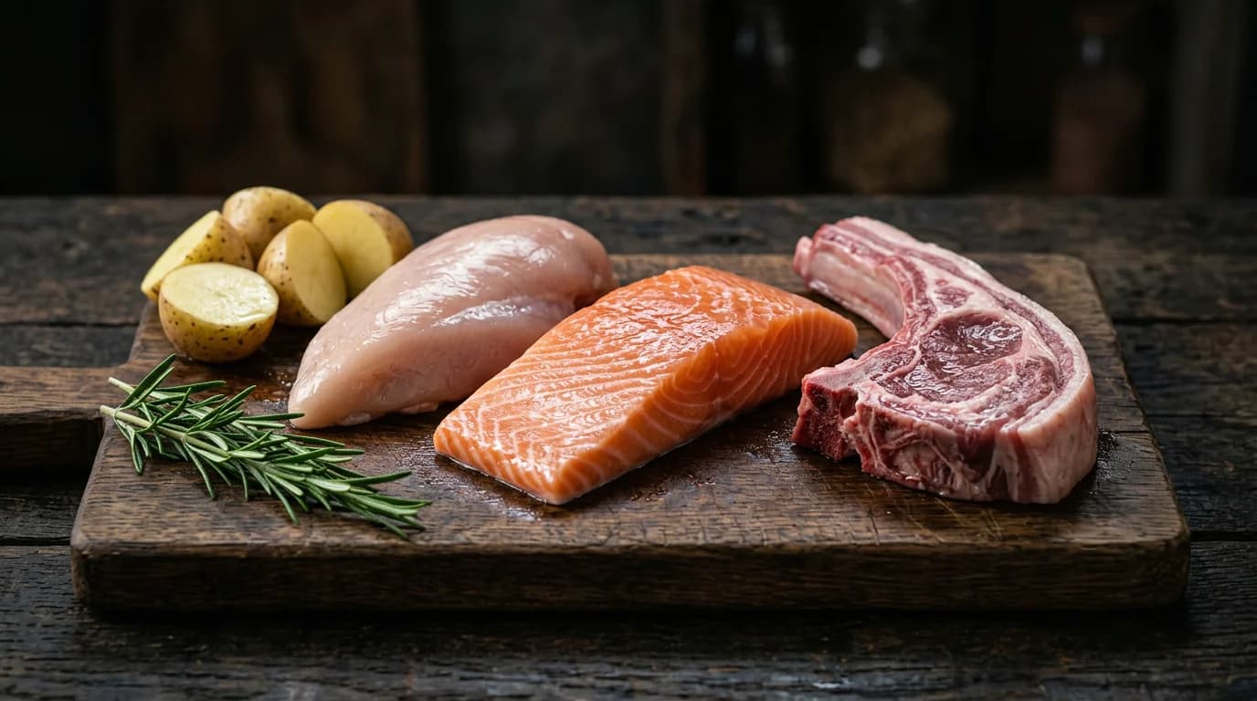 Frische Zutaten für getreidefreies Hundefutter: Huhn, Lachs und Lamm mit Kartoffel auf einem dunklen Holzbrett