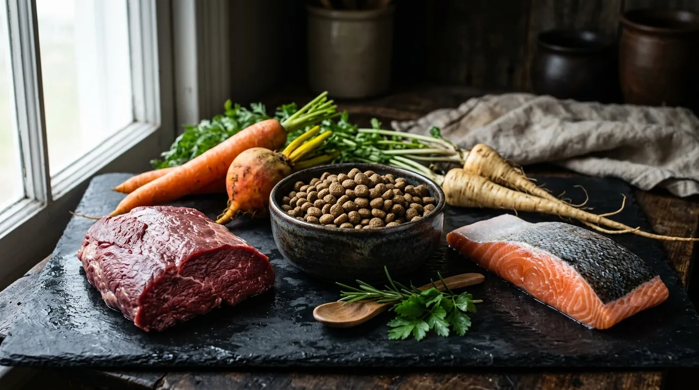 Frische Zutaten für hypoallergenes Hundefutter: Wildfleisch, Lachs und Gemüse auf einem Holzbrett