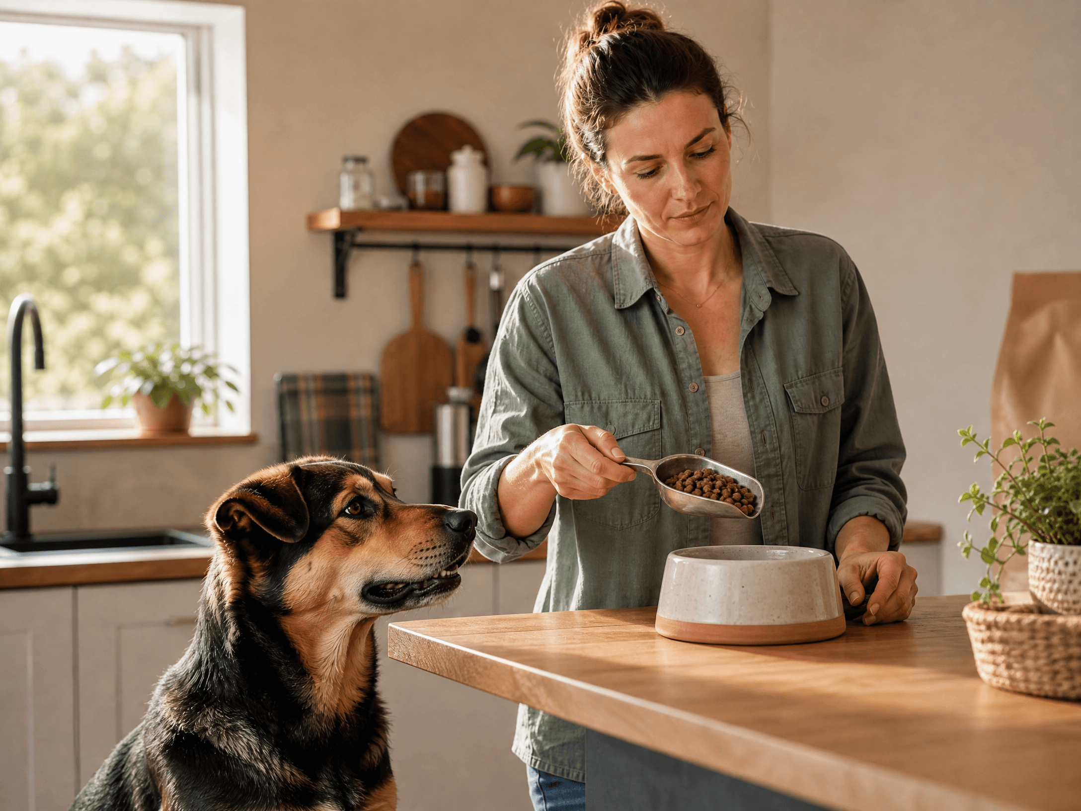 Een hond wacht naast zijn voerbak terwijl zijn bezitter een afgemeten portie brokjes voorbereidt.