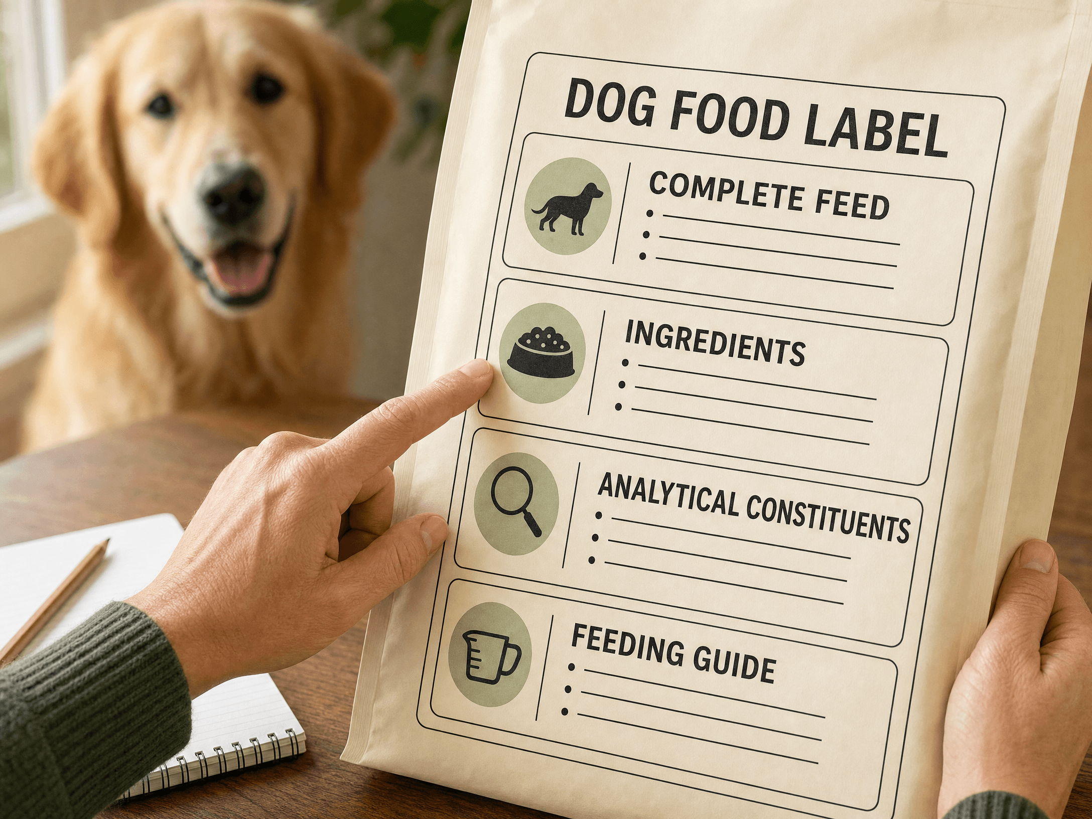 Hondenbezitter bekijkt de onderdelen van een hondenvoeretiket: soort voeding, ingrediënten, analyse en voedingsadvies.