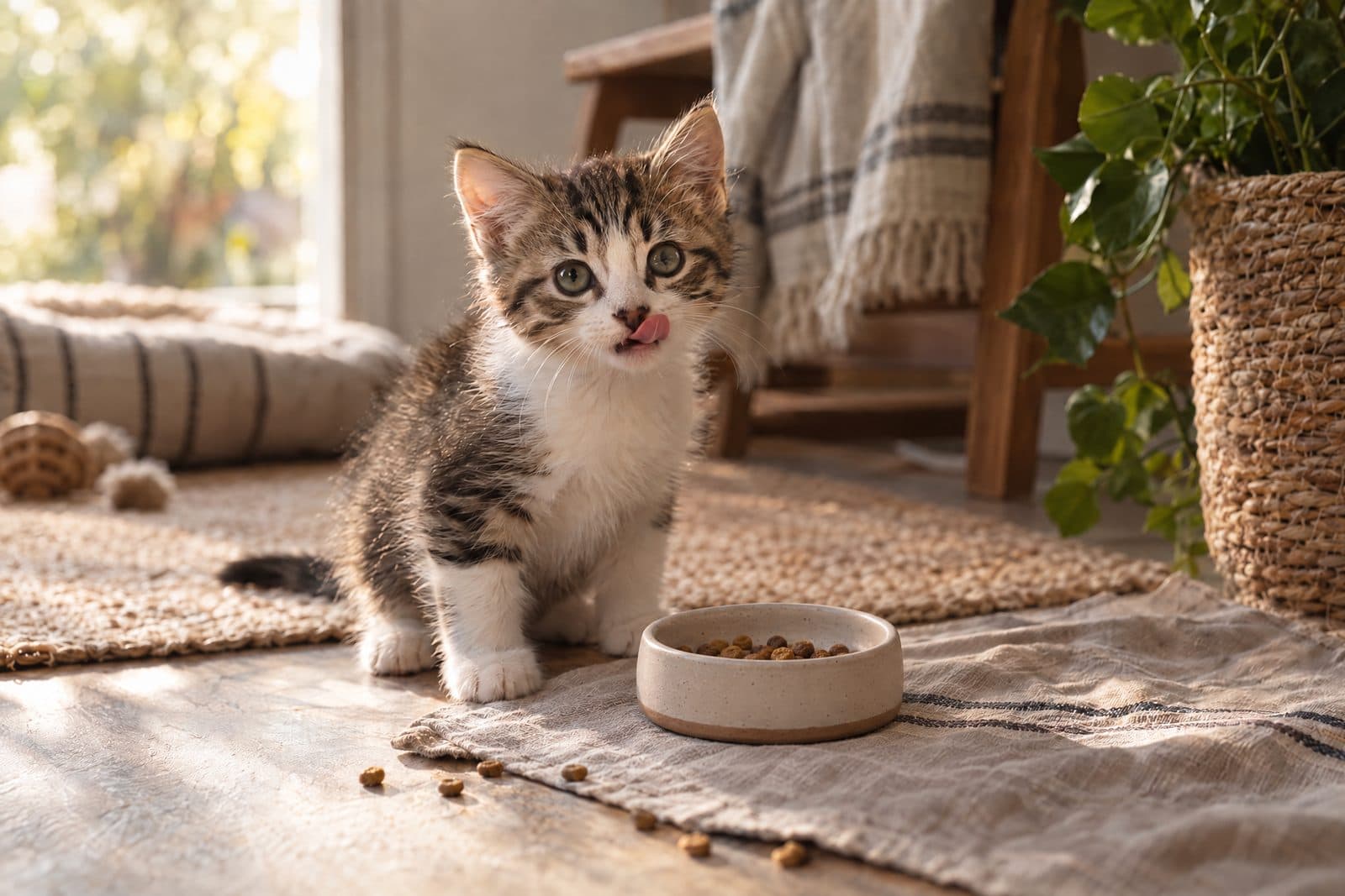 Jonge kitten naast een voerbakje met droogvoer
