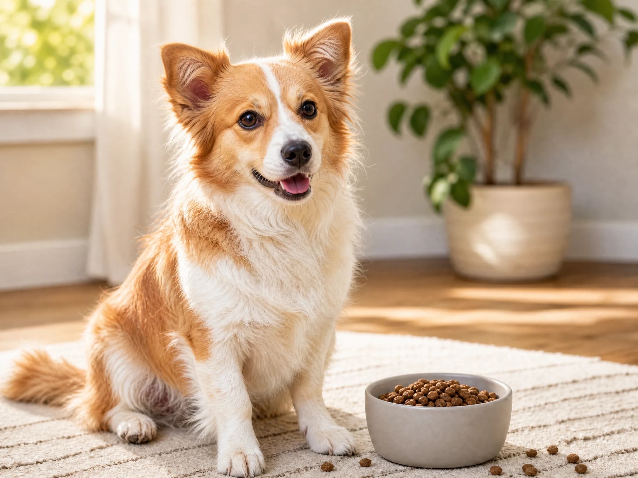 Kleine hond eet smakelijk van op maat gemaakte mini hondenbrokken