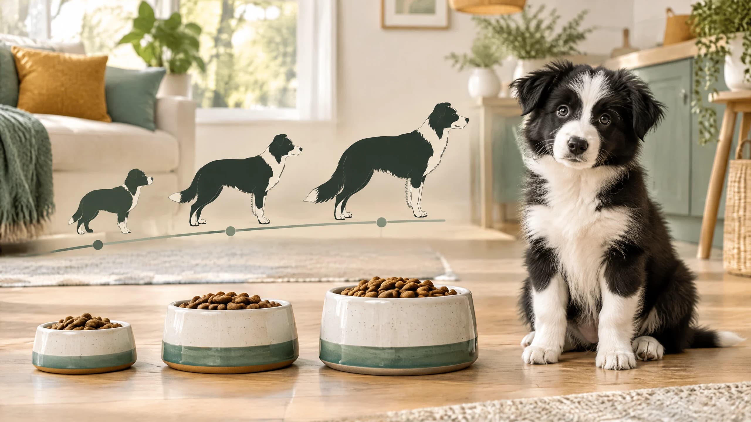 Border collie pup naast drie voerbakken met brokken die van klein naar groot oplopen, met een groeicurve erboven