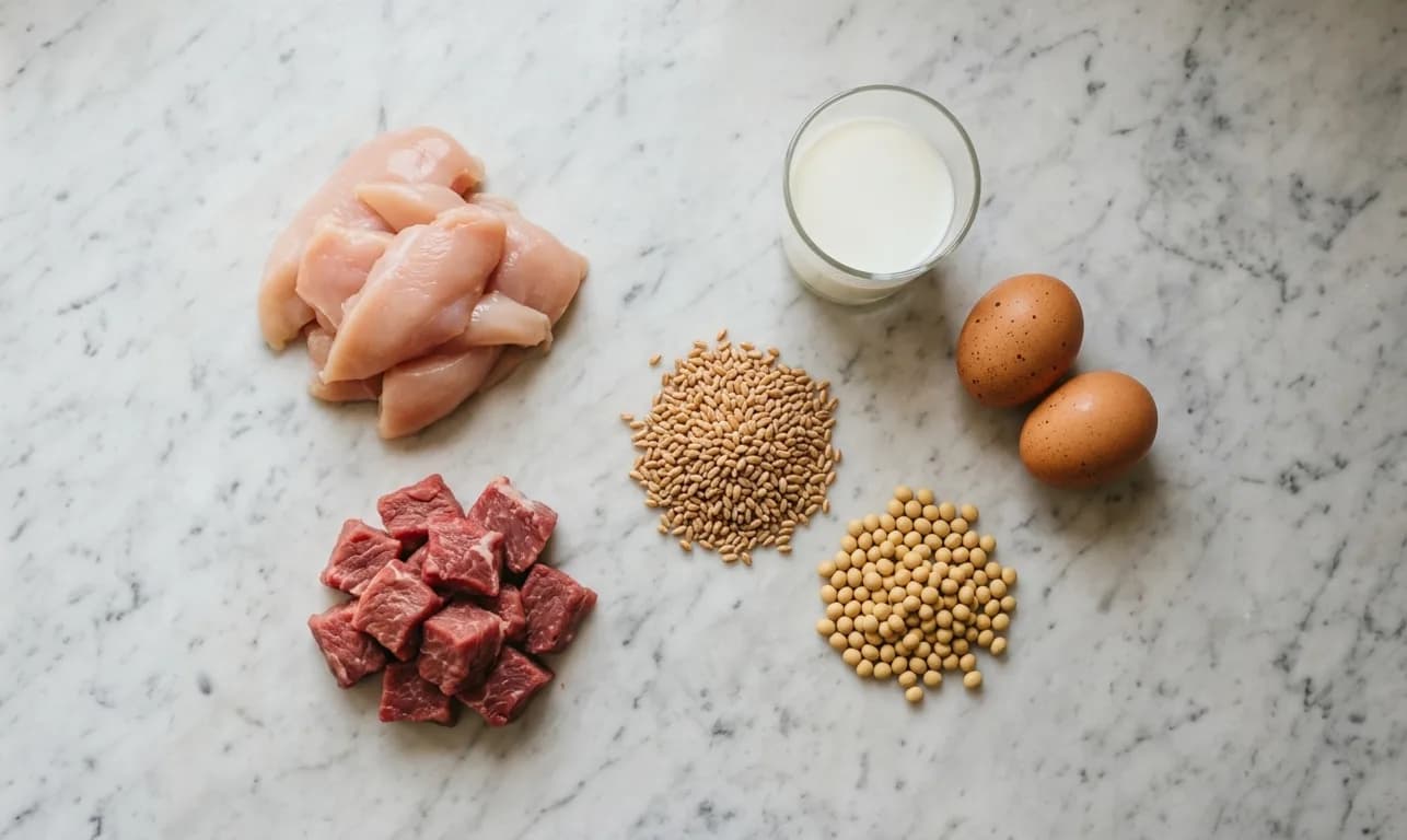 Die sechs häufigsten Futterallergene beim Hund: Huhn, Rind, Weizen, Soja, Milch und Eier